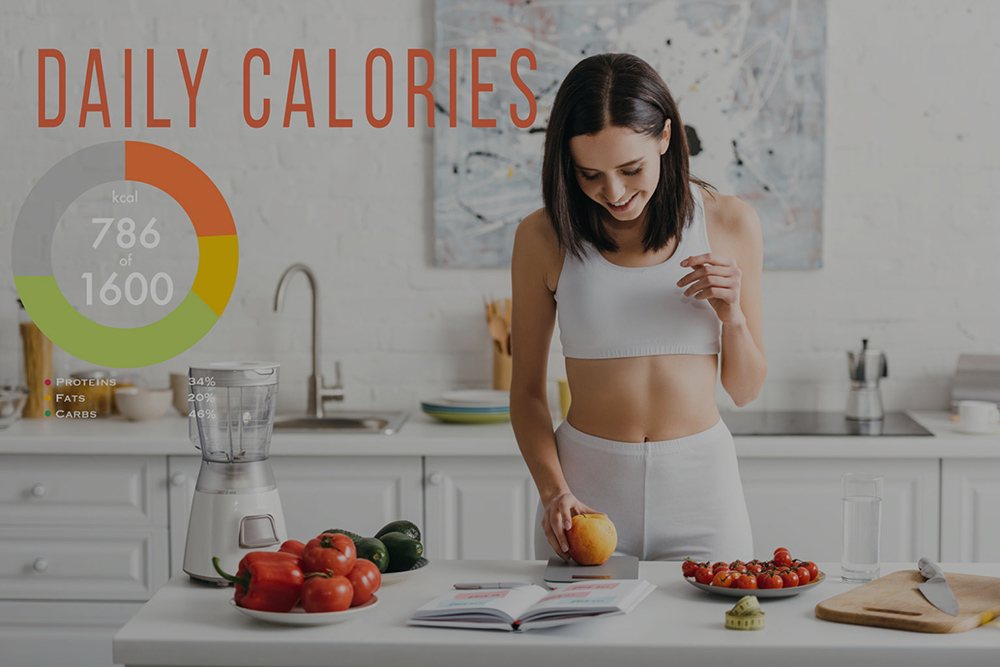 Woman counting calories while eating healthy foods