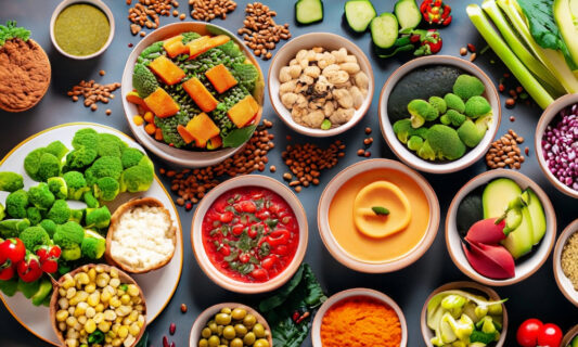 colorful display of delicious plant-based foods