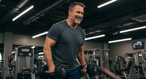 man in 50s doing bicep curl exercises with two dumbells