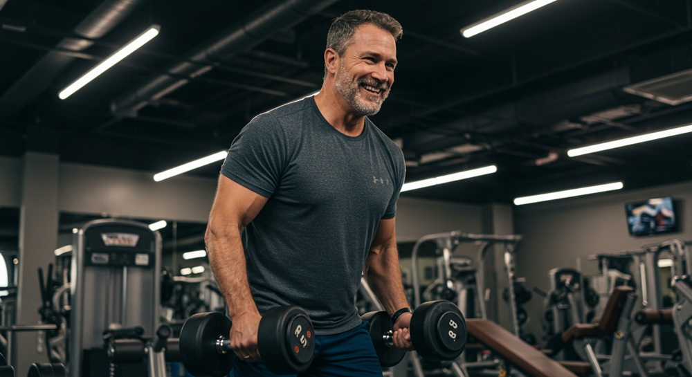 man in 50s doing bicep curl exercises with two dumbells