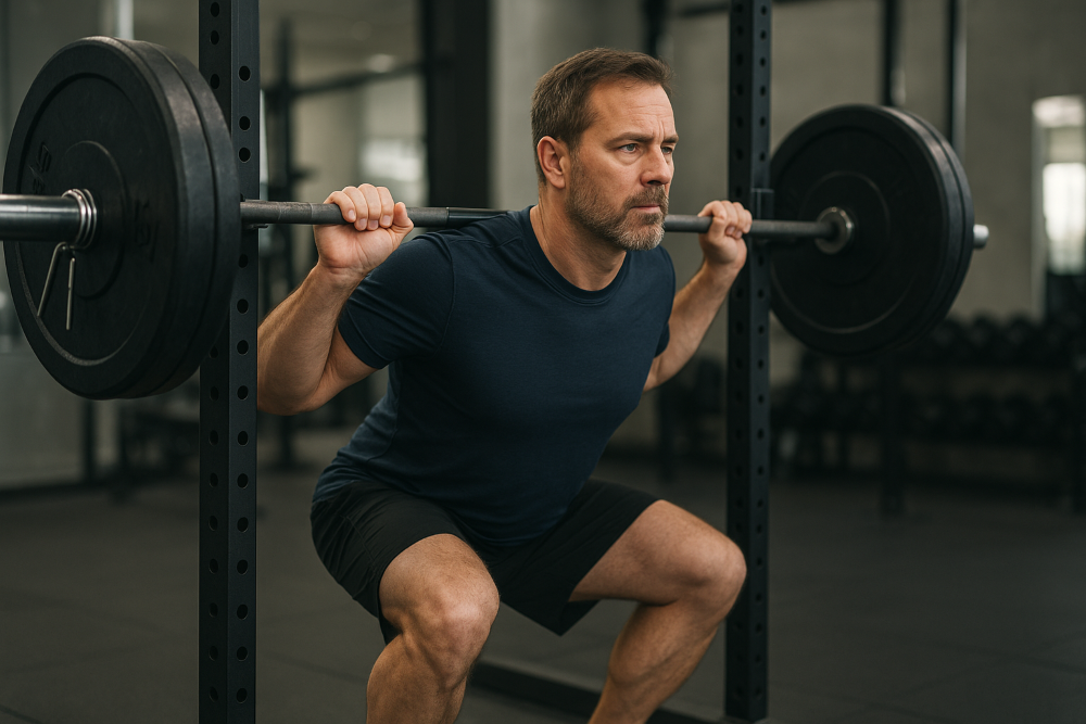 man in 40s lifting barbell on shoulders doing squat exercise