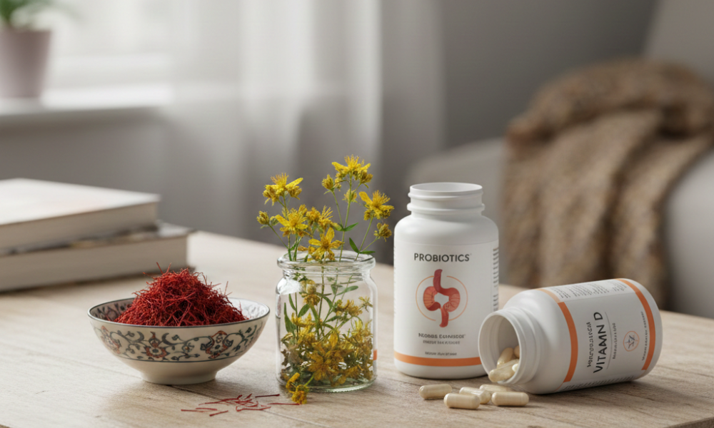 St Johns Wort, Probiotics, Vitamin D, Saffron on a table